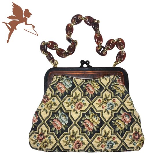 VINTAGE Walborg RARE Petit Point Tapestry Bag With Lucite Chain Strap - Picture 2 of 6